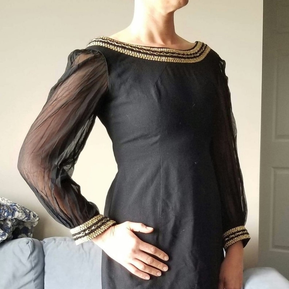 50's Gold Soutache Chiffon Balloon Sleeves Dress - Picture 6 of 9